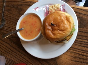 Red Pepper and Bacon Soup with a hamburger