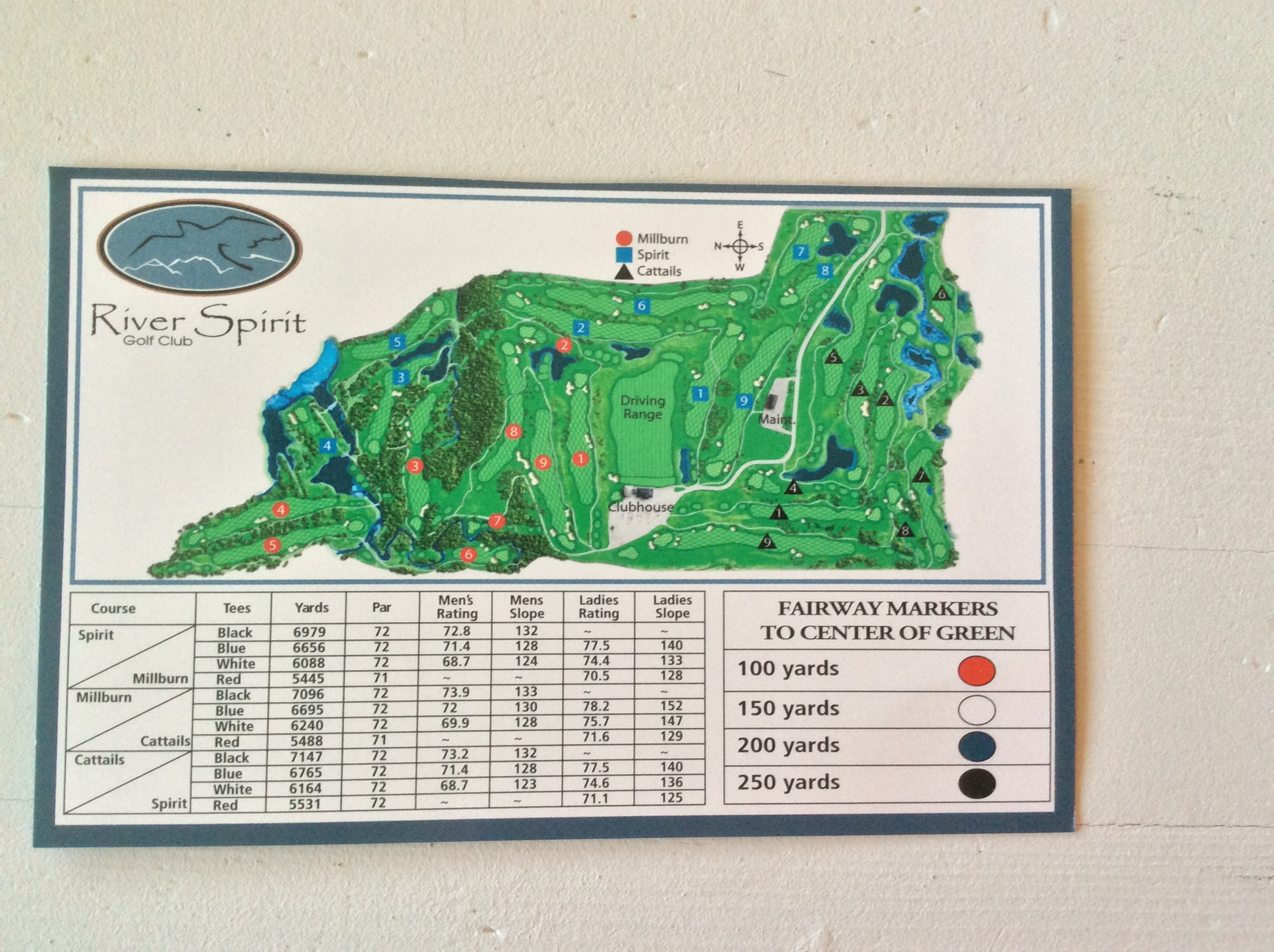 River Spirit Golf Course - Rating and Slope for men and ladies for each sets of tees. As there are 27 holes the chart shows the combination of nines that make up the rotation for 18 hole play.