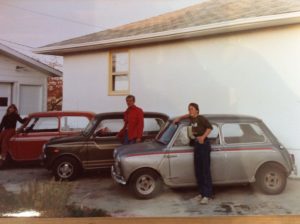 Colleen, Doc and Murray with the three cars they drove to the Mini Meet in Denver, CO in July, 1981