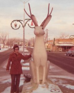 Maureen O'Shea with the Jackalope statue in Douglas, WY on our way to the National Western Stock Show in Denver, CO
